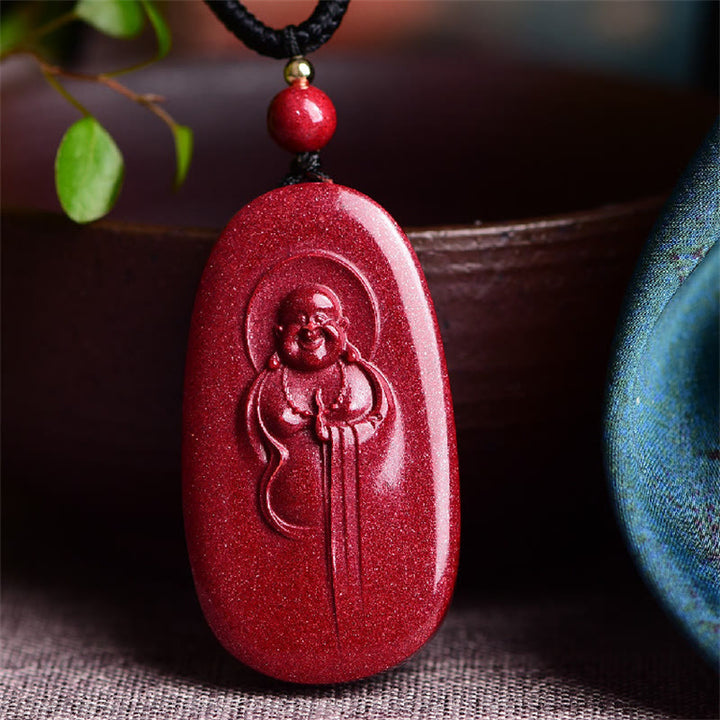 Buddha Stones Śmiejący się Budda Yin Yang Chiński Zodiak Tykwa Naturalny Cynober Błogosławieństwo Naszyjnik Wisiorek - Śmiejący się Budda 38*21*8mm - image 1