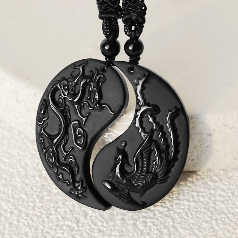 Buddha Stones Czarny Obsydian Yin Yang Smok Feniks Szczęście Naszyjnik Wisiorek - image 3