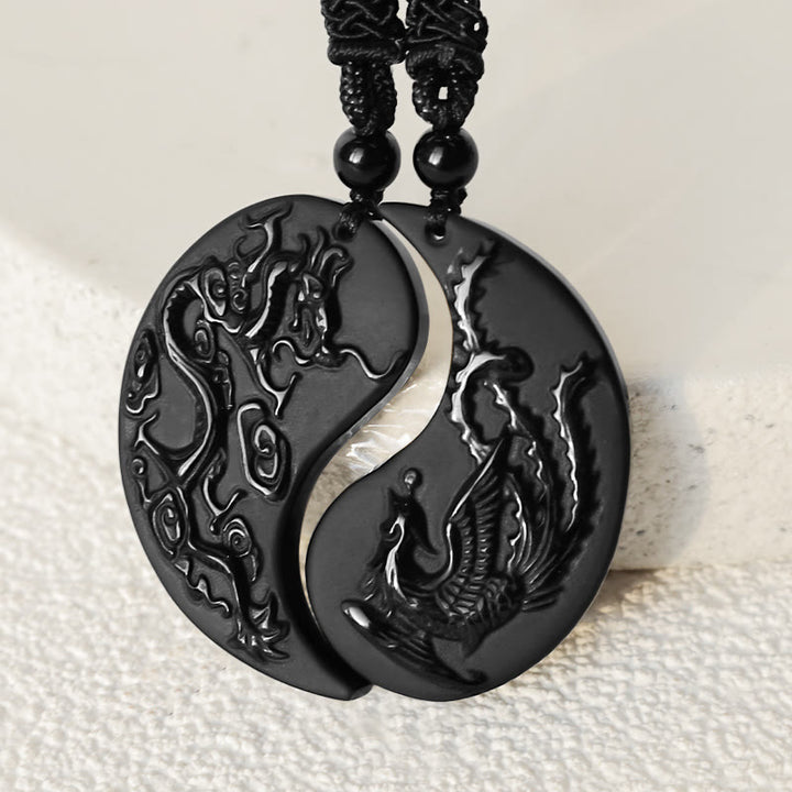 Buddha Stones Czarny Obsydian Yin Yang Smok Feniks Szczęście Naszyjnik Wisiorek - image 3