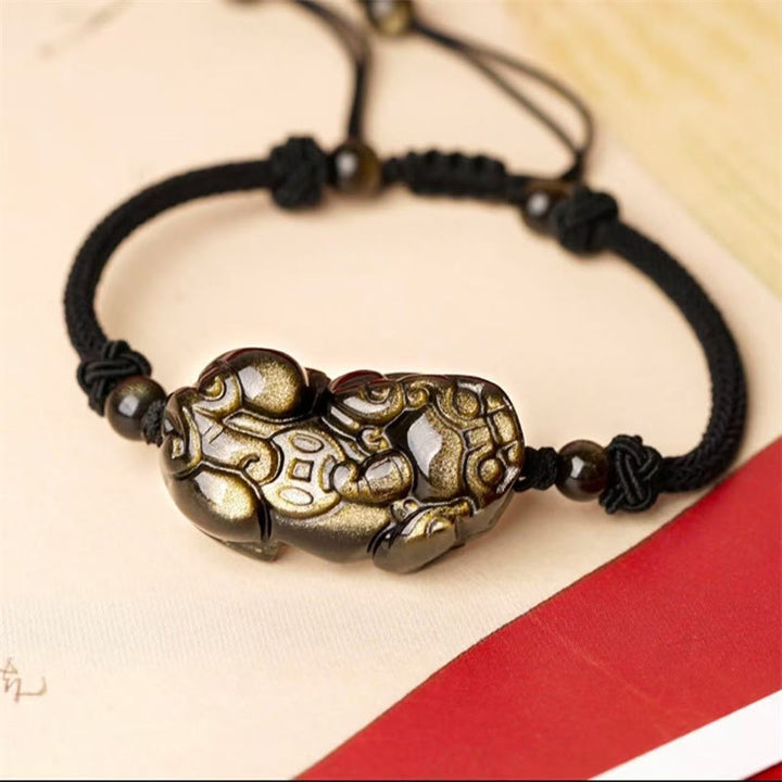Buddha Stones Naturalny Obsydian Ametyst Cytryn PiXiu Cooper Moneta Bogactwo Bransoletka