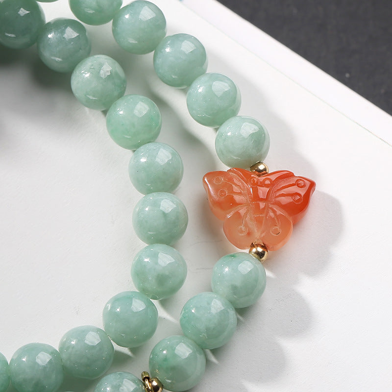 Buddha Stones 925 Srebro Sterling Naturalny Jadeit Bursztyn Motyl Bransoletka Szczęście Obfitość