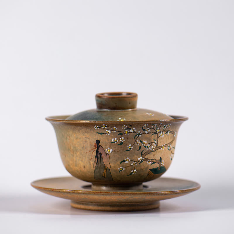 Buddha Stones Jingdezhen Malowana ręcznie porcelana Ru Kiln Hanfu Dziewczyna Kwiat Ceramiczny Gaiwan Sancai Filiżanka Kung Fu Filiżanka I Spodek Z Pokrywką