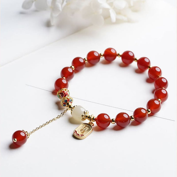 Buddha Stones Naturalny Czerwony Agat Hetian Jade Fu Charakter Pewność Bransoletka Charm