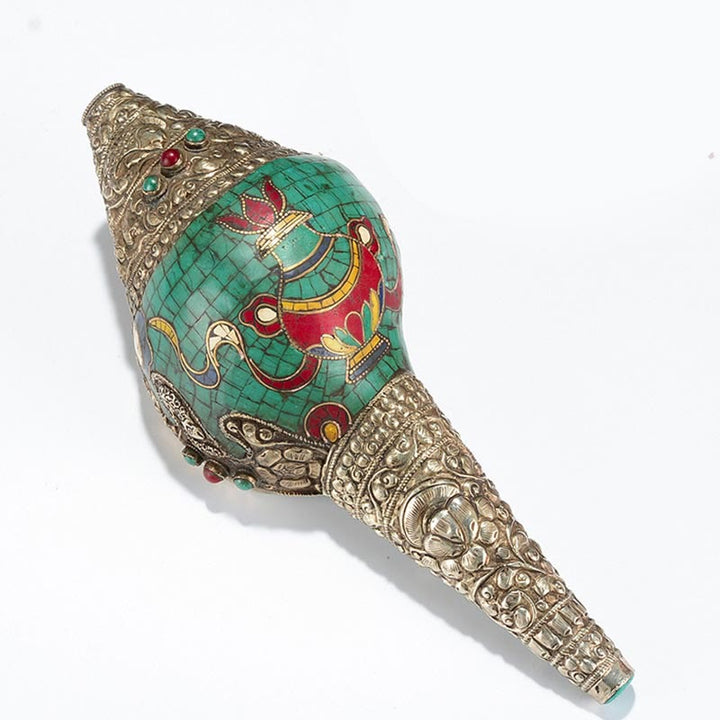 Tybetański ręcznie grawerowany Shankha Double Dorje Budda Conch Shell Wealth Pozytywna dekoracja
