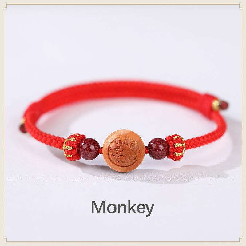 Buddha Stones Naturalne Drewno Brzoskwiniowe Chińskie Zodiak Fu Znak Rzeźbiony Cynober Bransoletka Bogactwa