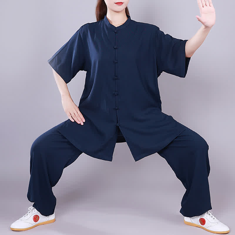 Buddha Stones Tai Chi Qigong Medytacja Modlitwa Duchowa Praktyka Zen Unisex Bawełniany Lniany Zestaw Ubrań - Granatowy - Krótki rękaw - US14, UK/AU18, EU46 (3XL)  - image 20