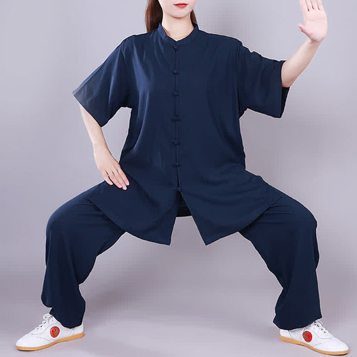 Buddha Stones Tai Chi Qigong Medytacja Modlitwa Duchowa Praktyka Zen Unisex Bawełniany Lniany Zestaw Ubrań - Granatowy - Krótki rękaw - US14, UK/AU18, EU46 (3XL)  - image 20