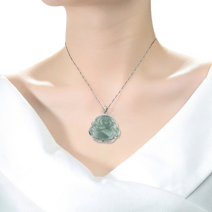Buddha Stones 925 Srebro Sterlingowe Śmiejący się Budda Naturalny Jadeit Naszyjnik Szczęścia Łańcuszek Wisiorek - image 3