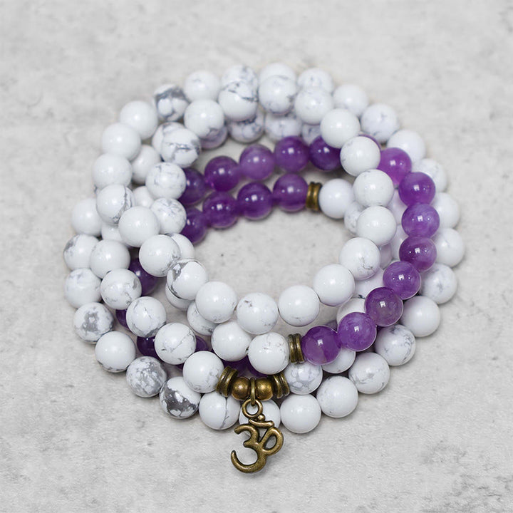 Buddha Stones 108 Mala Beads Ametyst Biały Turkus OM Healing Medytacja Energia Bransoletka