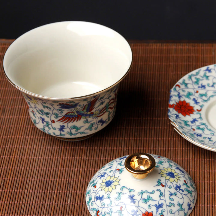 Buddha Stones Retro Śliwkowy Kwiat Sosna Bambus Feniks Kirin Ceramiczny Gaiwan Sancai Filiżanka do herbaty Kung Fu Filiżanka do herbaty i spodek z pokrywką