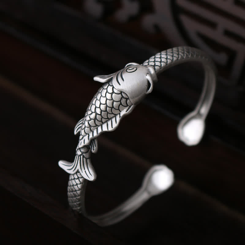 Buddha Stones 990 Srebro Sterling Ryba Koi Lotos Szczęście Bogactwo Bransoletka Bangle