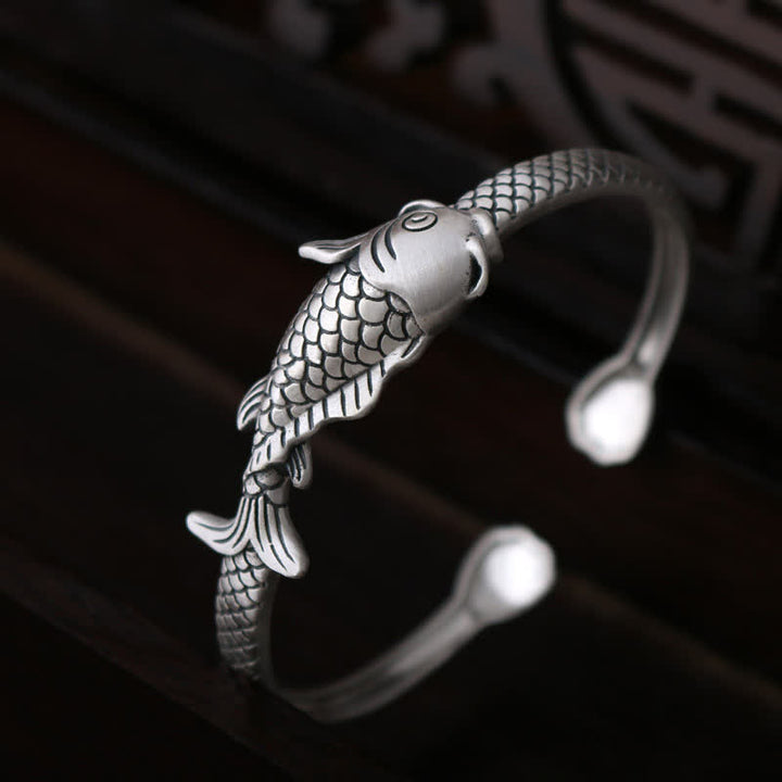 Buddha Stones 990 Srebro Sterling Ryba Koi Lotos Szczęście Bogactwo Bransoletka Bangle