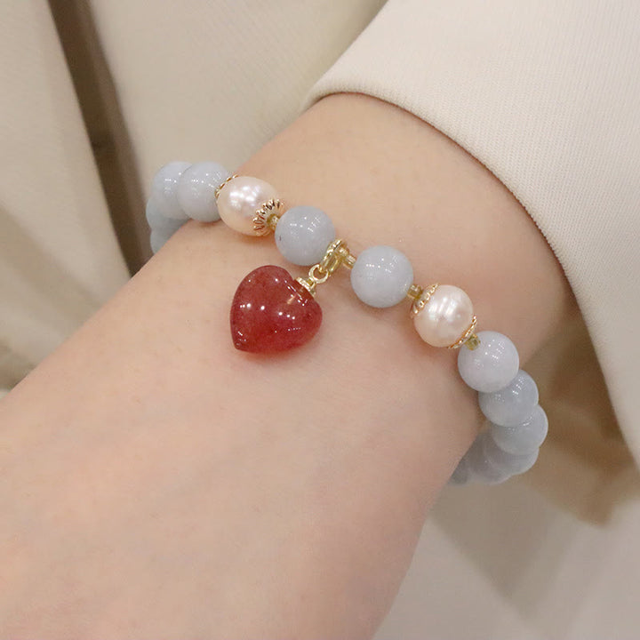 Buddha Stones Naturalny Akwamaryn Chalcedon Spokój Królik Tykwa Kot Bransoletka z zawieszkami - Akwamaryn Truskawka Kwarc Miłość Serce - image 9