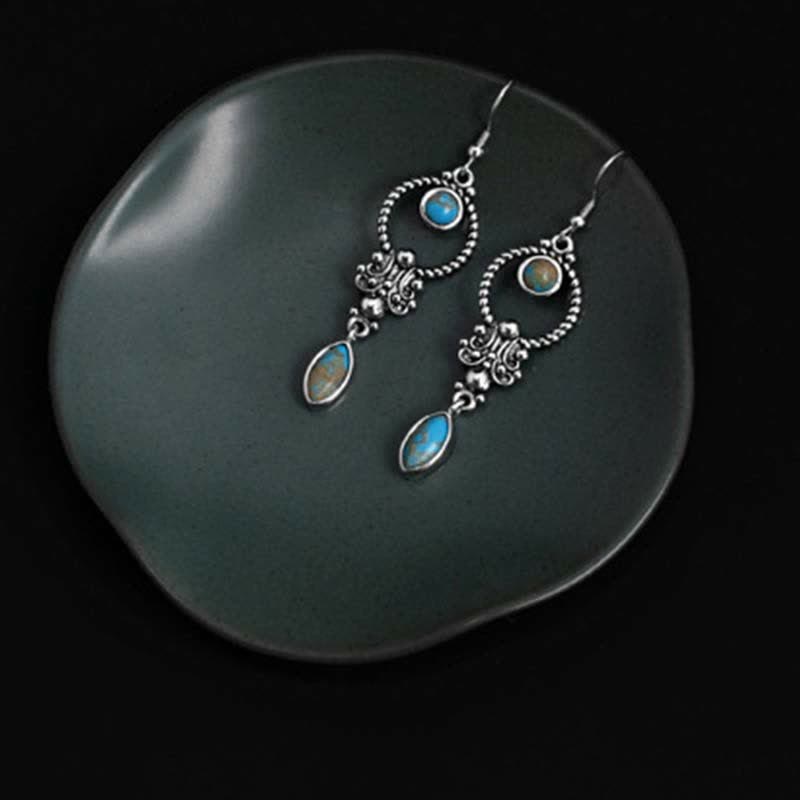 Kolczyki wiszące Buddha Stones 925 Sterling Silver Vintage Turquoise Waterdrop Pattern Balance Drop