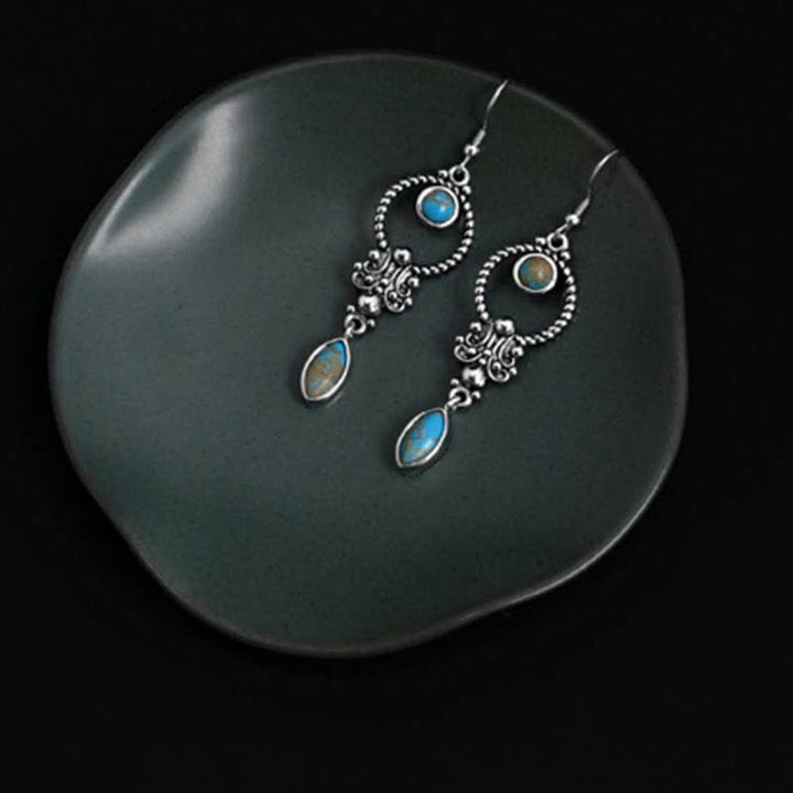 Kolczyki wiszące Buddha Stones 925 Sterling Silver Vintage Turquoise Waterdrop Pattern Balance Drop