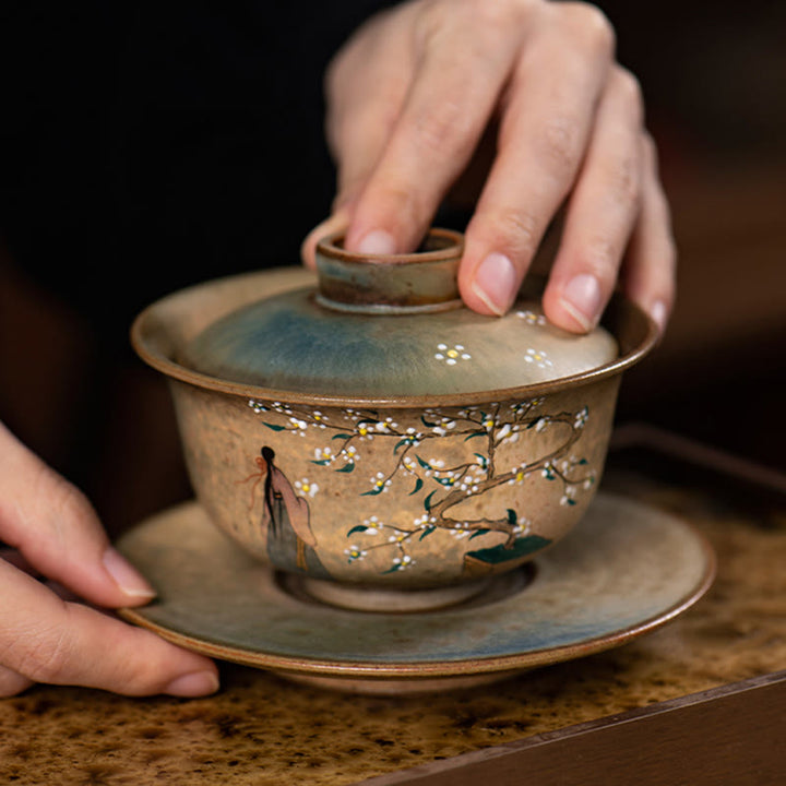 Buddha Stones Jingdezhen Malowana ręcznie porcelana Ru Kiln Hanfu Dziewczyna Kwiat Ceramiczny Gaiwan Sancai Filiżanka Kung Fu Filiżanka I Spodek Z Pokrywką