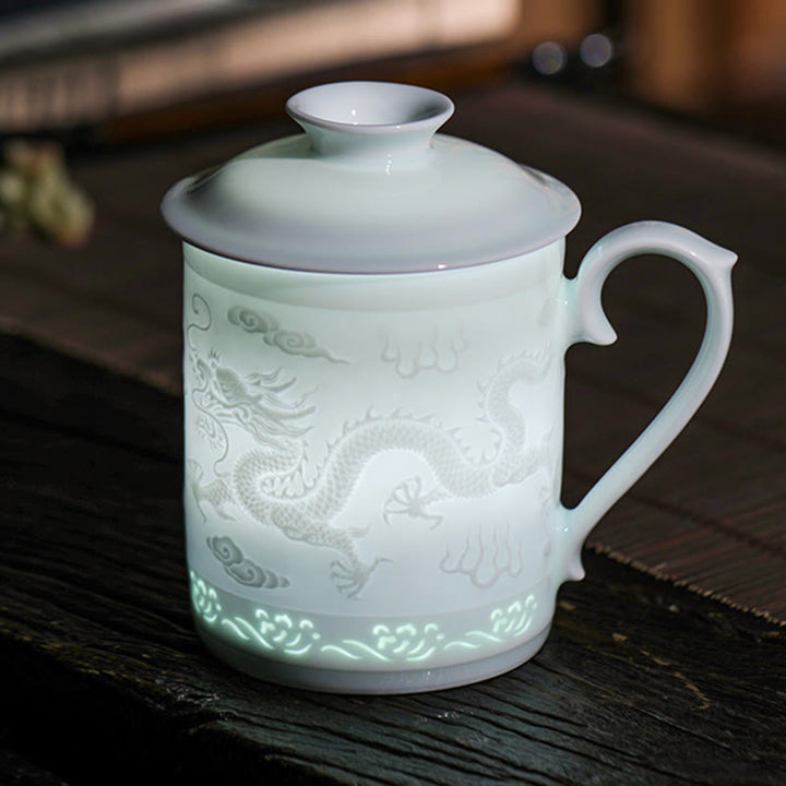 Buddha Stones Jingdezhen Linglong Porcelana Pomyślny Smok Feniks Łódź Gładkie żeglowanie Ceramiczna filiżanka do herbaty Biurowe filiżanki do herbaty 420 ml