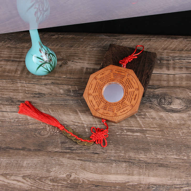 Feng Shui Bagua Mapa Peach Wood Monety Pięciu Cesarzy Chińskie Węzły Równowaga Mapa Energii Lustro - 20*2cm - Lustro wypukłe - Mapa Bagua i monety pięciu cesarzy - image 1