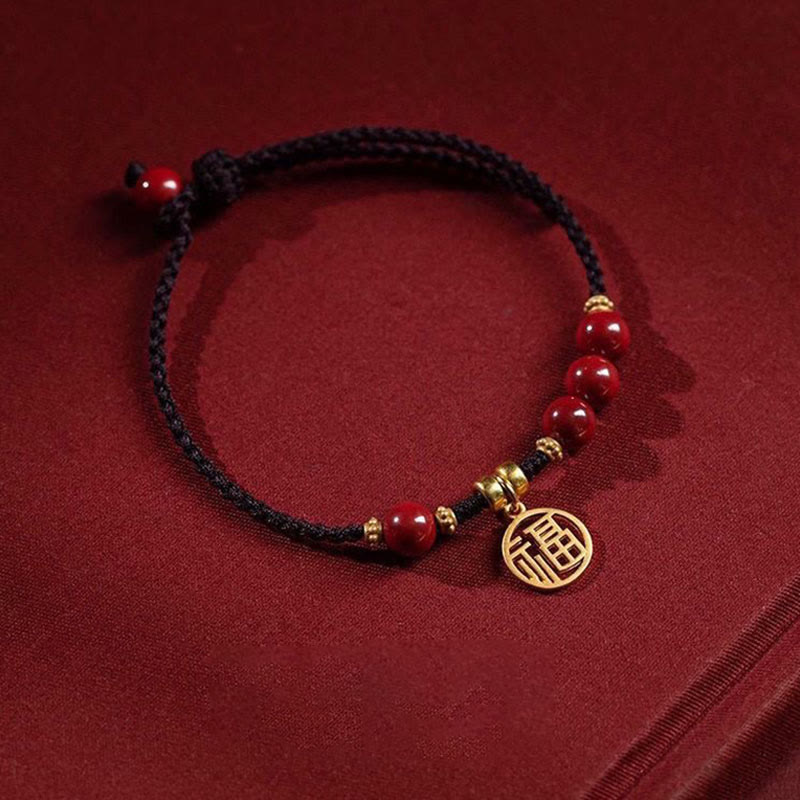 Buddha Stones Cynobrowe Koraliki Fu Charakter Urok Błogosławieństwo Bransoletka z Plecionego Sznurka
