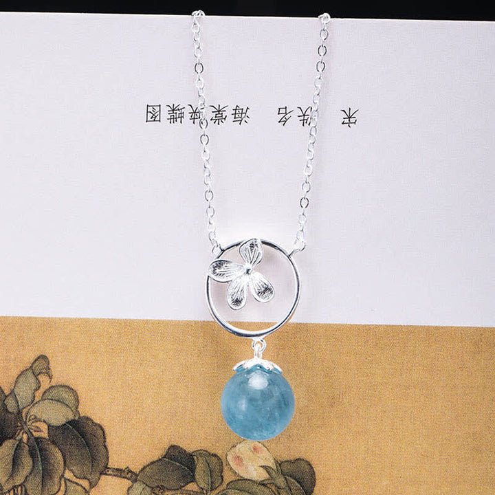 Buddha Stones 925 Srebro Sterling Naturalny Akwamaryn Liść Kwiat Pokój Naszyjnik