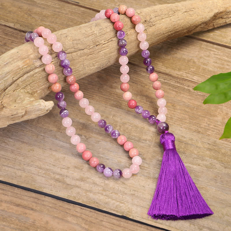 Buddha Stones 108 Mala Beads Ametyst Różowy Kwarc Duchowe Uzdrawiające Bransoletka z Chwostem