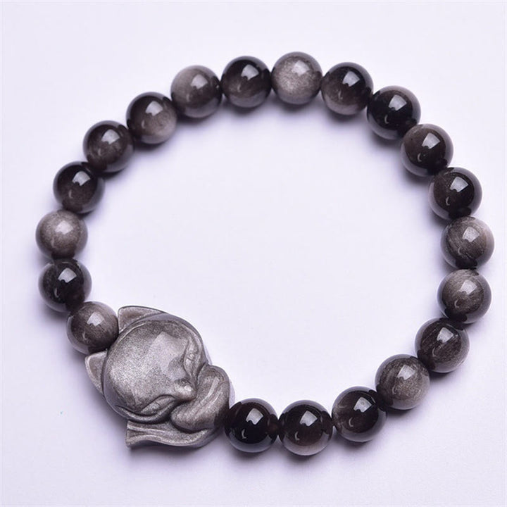 Bransoletka ochronna z naturalnego srebrnego połysku z obsydianu i lisa z Buddha Stones
