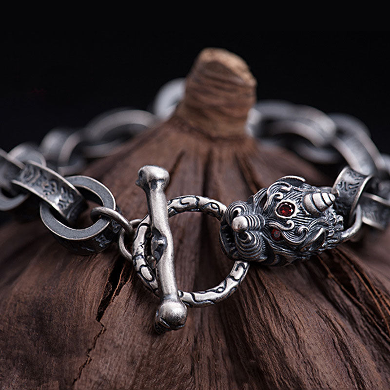 Buddha Stones 925 Srebro Sterlingowe Smok Kirin Om Mani Padme Hum Sukces Siła Bransoletka Bangle
