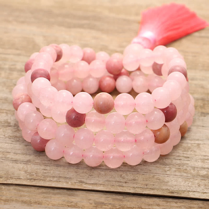 Buddha Stones 108 Mala Beads Różowa Kryształowa Bransoletka z Chwostem Miłości