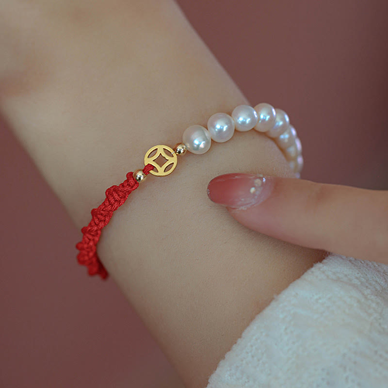 Bransoletka z czerwonego sznurka z perłowymi koralikami i powłoką ochronną 14K Gold
