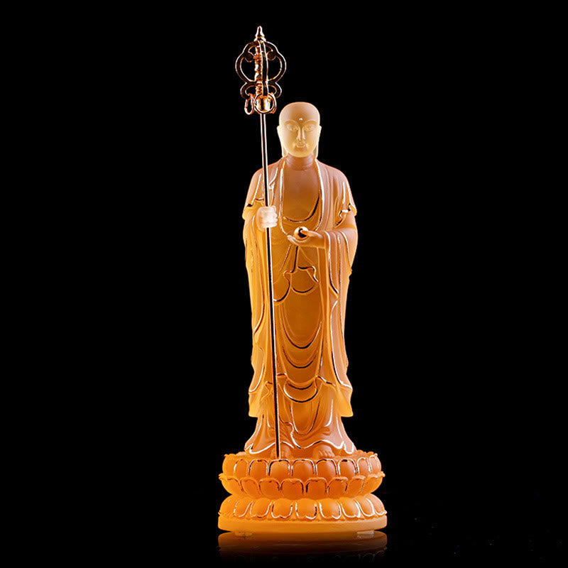 Buddha Stones ręcznie robione Ksitigarbha Bodhisattwa figurka Liuli kryształowe dzieło sztuki posąg spokoju dekoracja domu - Kolor bursztynowy i złoty 7,8*7,8*20 cm - image 6
