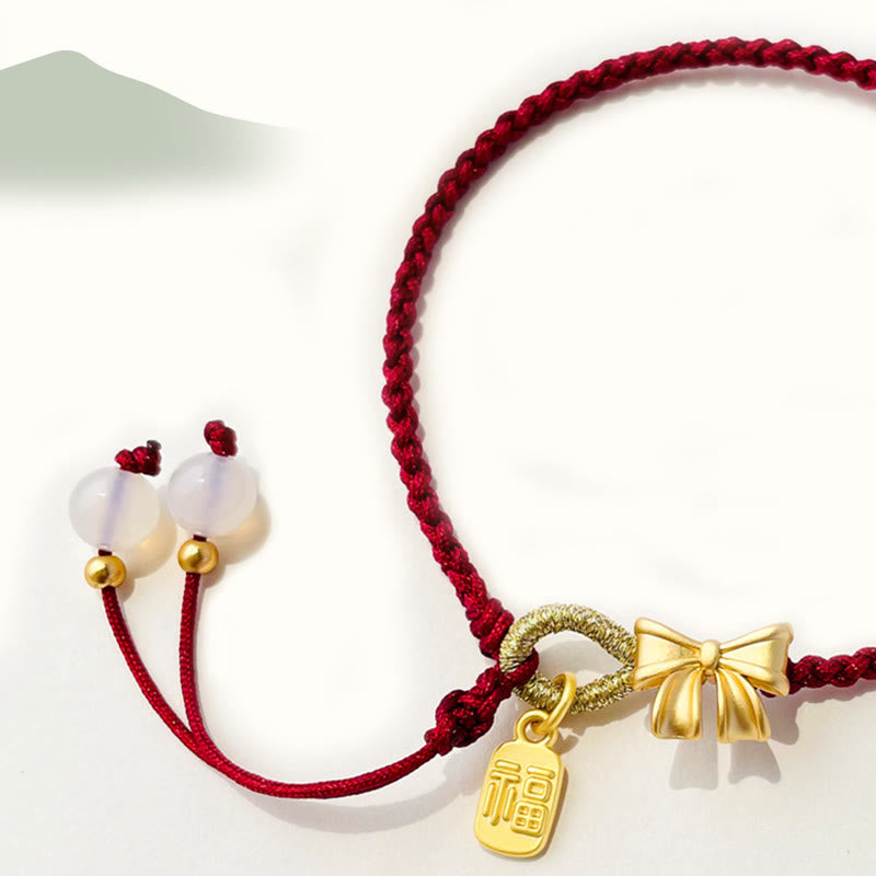 Buddha Stones Ręcznie Robione Brzoskwiniowe Kwiaty Rozeta Kokarda Węzeł Fu Charakter Charm Szczęście Fortuna Czerwona Bransoletka Lina