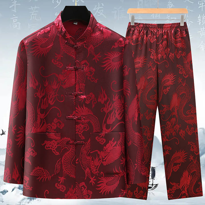 Buddha Stones Tang Suit Mężczyźni Hanfu Chiński Smok Tradycyjne Ubrania Kung Fu Koszula Jednolity Długi Rękaw Płaszcz Bluzki i Spodnie Odzież Męska Zestaw - Wino czerwone - US/UK/AU42， EU52 (3XL) - image 14