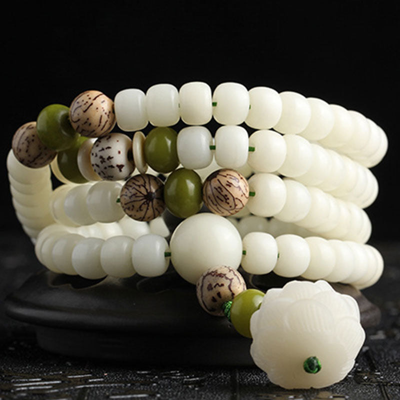 Buddha Stones Biały Jadeit Bodhi Lotus Mala Harmony Naszyjnik Bransoletka