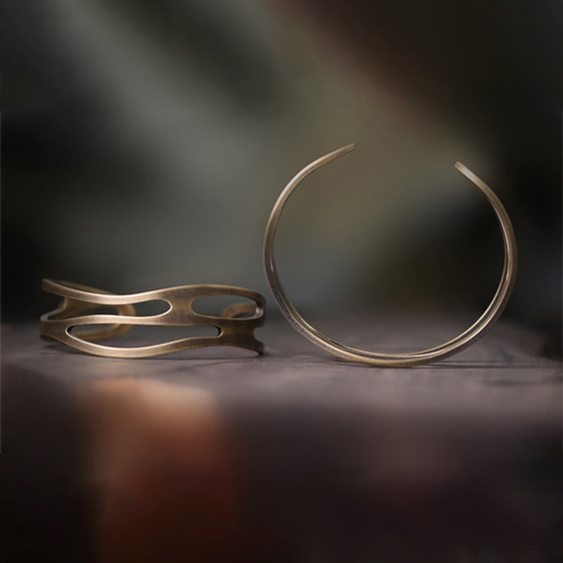 Buddha Stones Vintage Zakrzywiona Miedź Mosiądz Bogactwo Regulowana Bransoletka Mankietowa Bangle