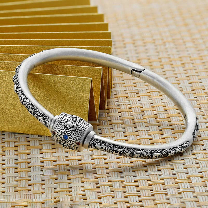 Buddha Stones 990 Srebro Sterling Tybetańskie Pomyślne Chmury Om Mani Padme Hum Grawerowana Bransoletka Kreatywności Bangle