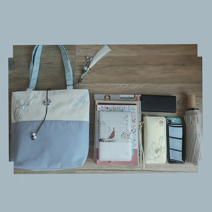 Kwiat gruszy śliwka brzoskwiniowy kwiat bambus haft płótno duża pojemność torba na ramię torba typu tote - image 14