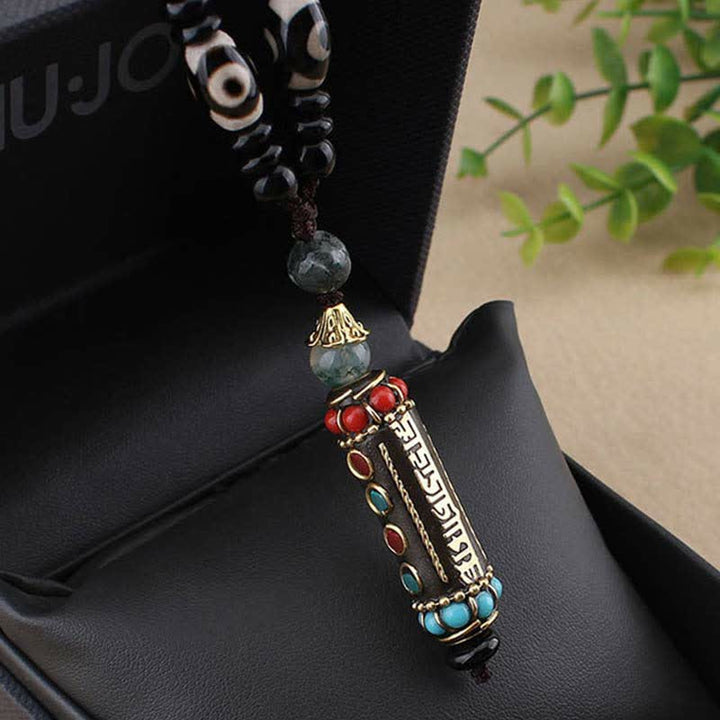 Buddha Stones tybetański Om Mani Padme Hum Dzi koralik Wenge naszyjnik z drewna wisiorek - image 10