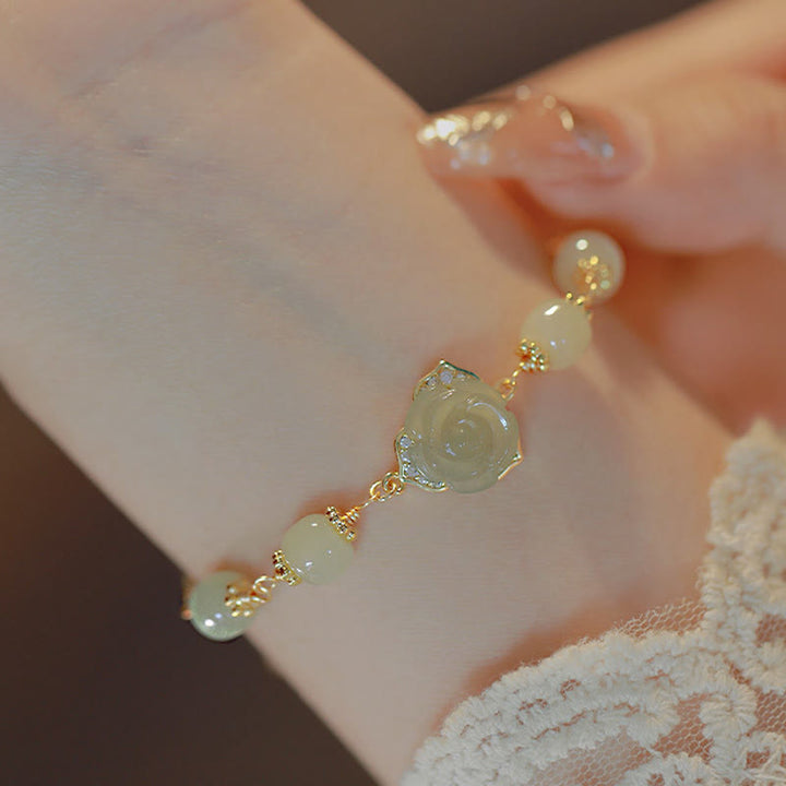 Bransoletka z łańcuszkiem szczęścia z Buddha Stones 14K pozłacana jadeitem Hetian i różą