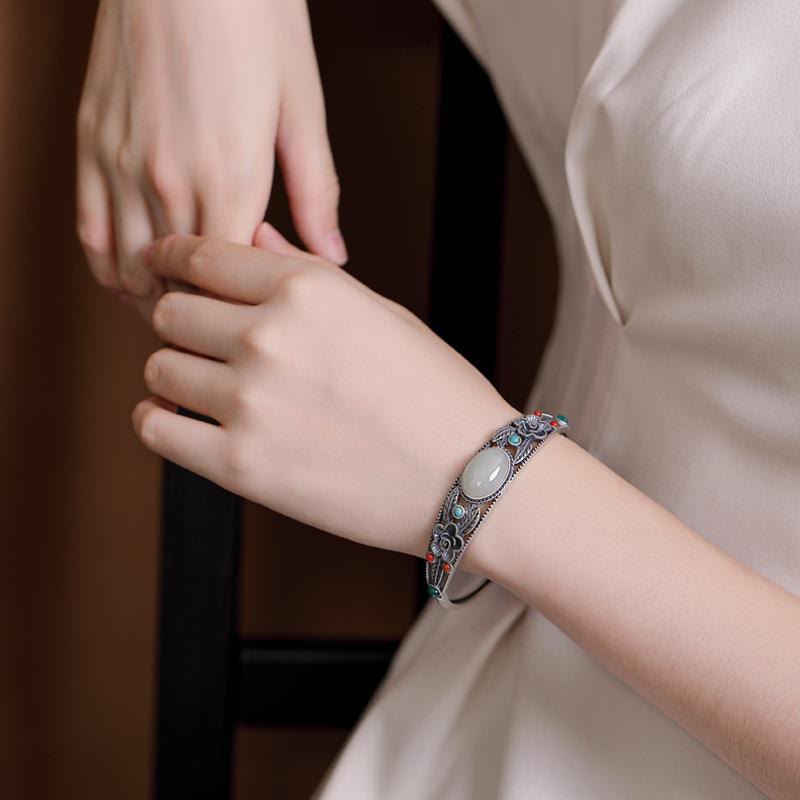 Buddha Stones Cyjan Jade Biały Jade Kwiat Liść Harmonia Szczęście Bransoletka Bangle