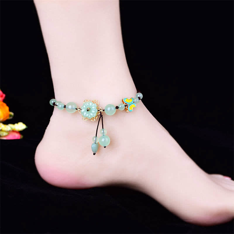 Buddha Stones Kwiat Jadeit Motyl Szczęście Obfitość Charm Anklet