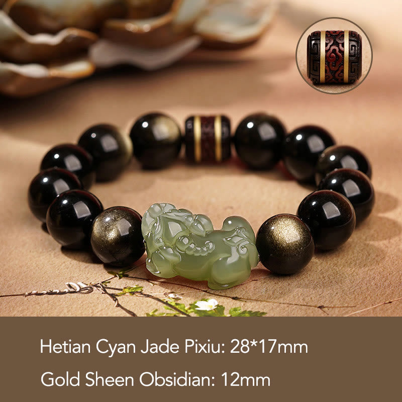 Buddha Stones Naturalny Złoty Połysk Obsydian Hetian Cyjan Jadeit Biały Jadeit Bransoletka PiXiu Wealth