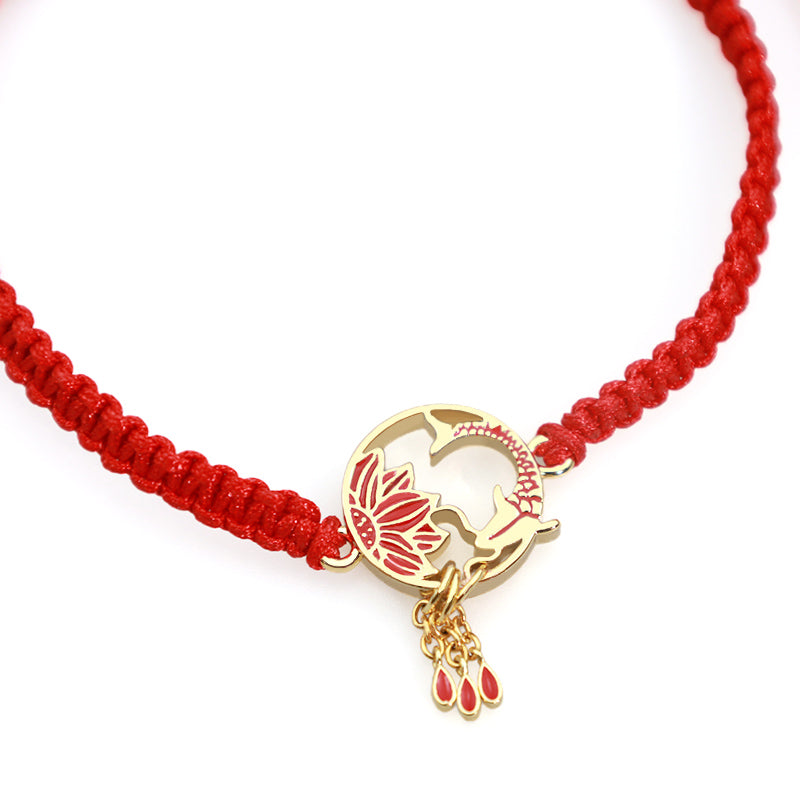 Buddha Stones Tybetańskie Ręcznie Robione Lotus Koi Fish Lucky Bransoletka z Czerwonego Sznurka
