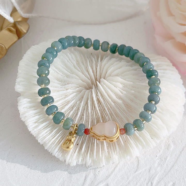 Buddha Stones Naturalne Hetian Jade Pearl Peace Buckle Fu Character Gourd Money Bag Truskawkowy Kwarc Bransoletka PiXiu Luck