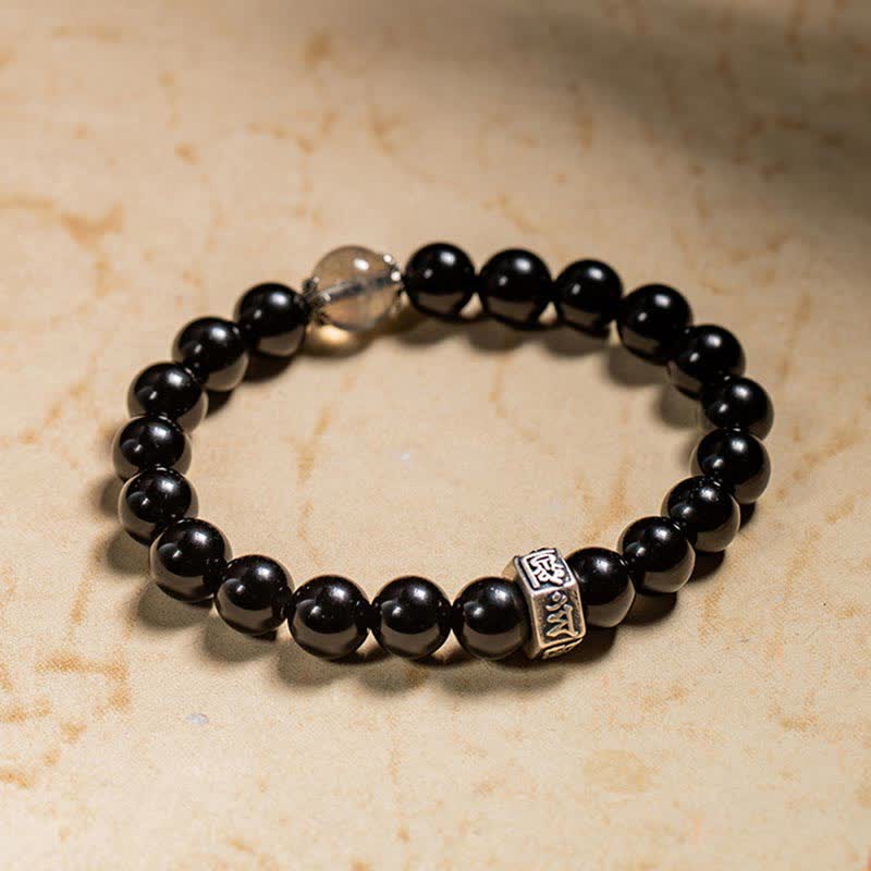 Chiński zodiak Natal Buddha 925 Srebro Sterling Czarny Obsydian Moonstone Bransoletka Siła