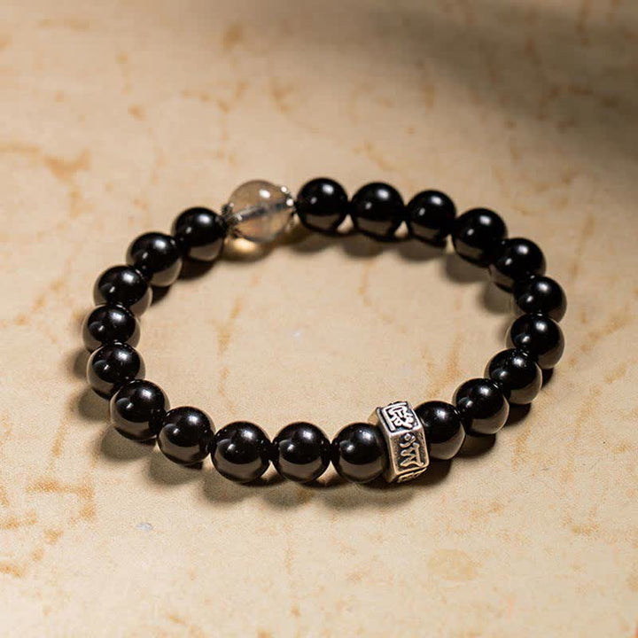 Chiński zodiak Natal Buddha 925 Srebro Sterling Czarny Obsydian Moonstone Bransoletka Siła