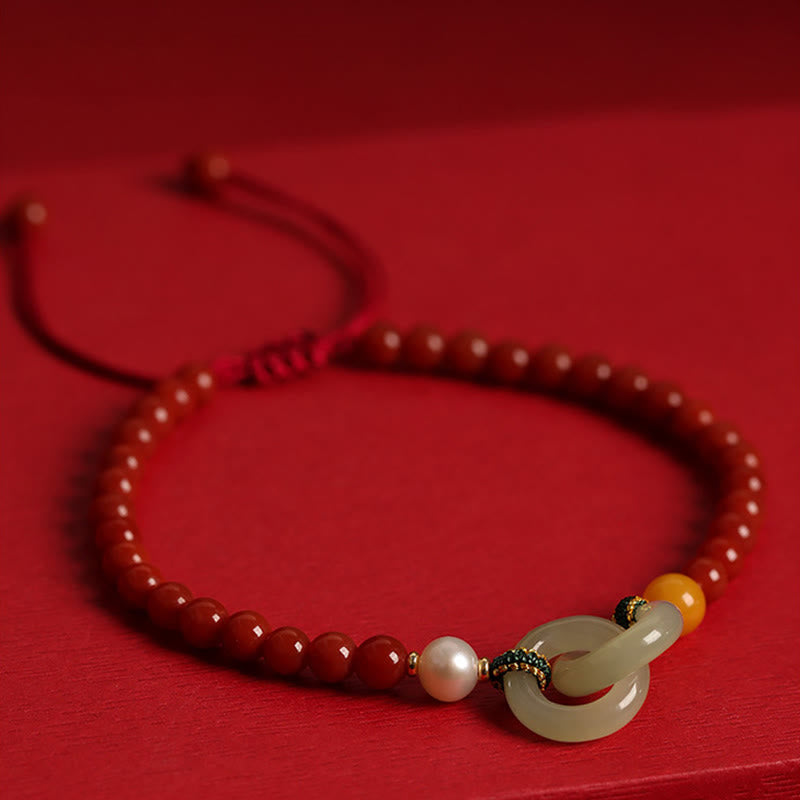 Buddha Stones Natural Red Agat Hetian Jade Double Peace Buckle Confidence