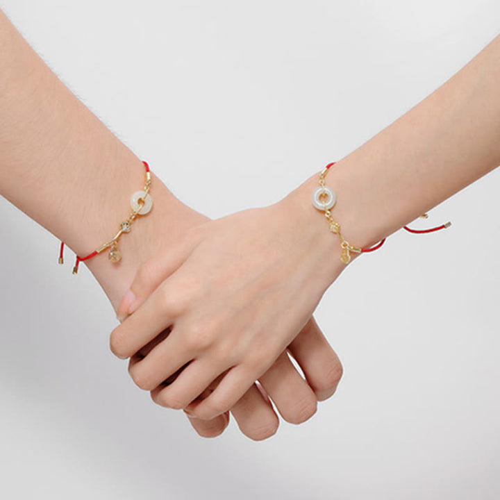 Buddha Stones 18K pozłacane Hetian Jade Peace Buckle Fu Character Luck Red Rope Bracelet