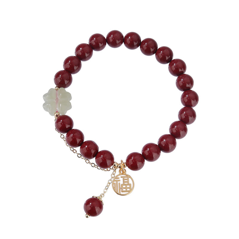 Buddha Stones Cynober Fu Charakter Hetian Jade Szczęśliwa Czterolistna Koniczyna Błogosławieństwo Bransoletka
