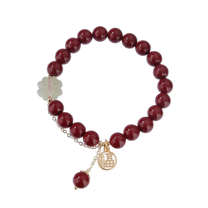 Buddha Stones Cynober Fu Charakter Hetian Jade Szczęśliwa Czterolistna Koniczyna Błogosławieństwo Bransoletka