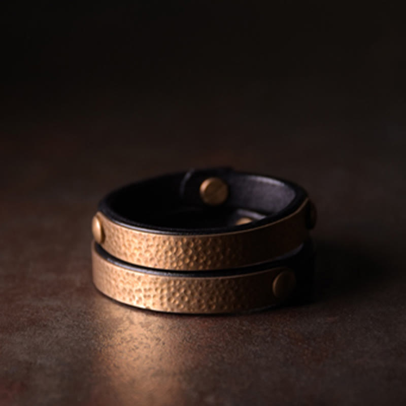 Buddha Stones Vintage Ręcznie Robione Tekstura Miedź Mosiądz Skóra Bogactwo Bransoletka Bangle
